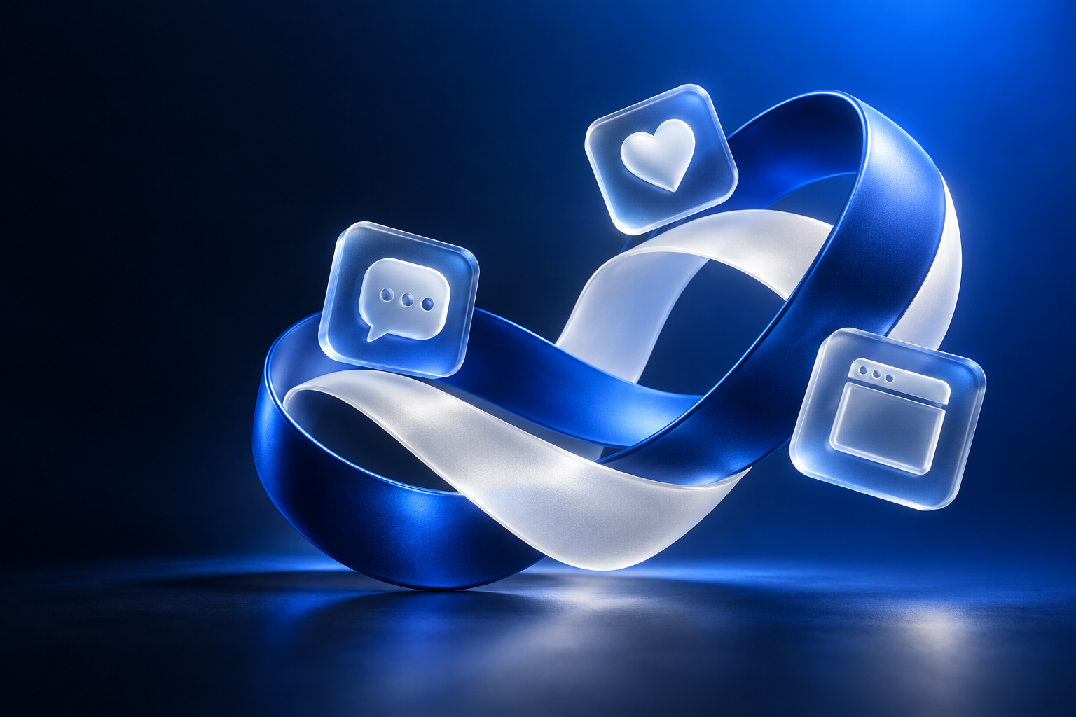Ilustración de conexión digital con formas azules e iconos de conversación, redes sociales y diseño web